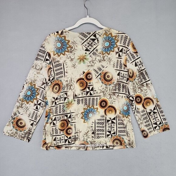 Y2K Top Womens L Cream Bohemian Floral O-Ring V-Neck Jersey Knit Made In USA - Picture 8 of 8